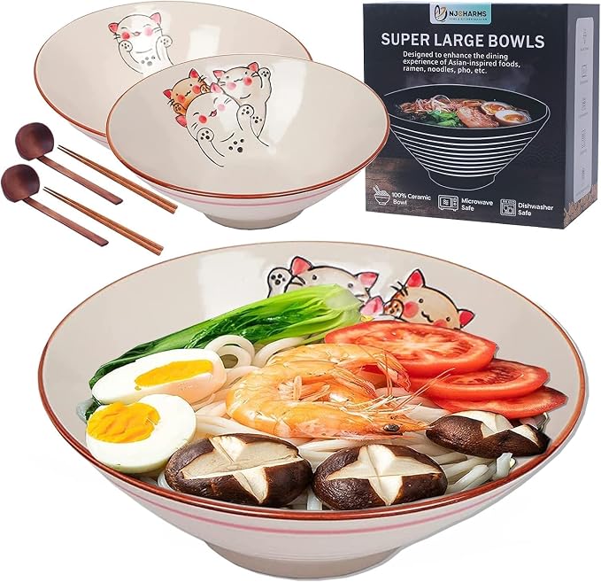 NJCHARMS Ceramic Ramen Bowl Set of 2, 42 oz Japanese Noodle Soup Bowls by NJCharms