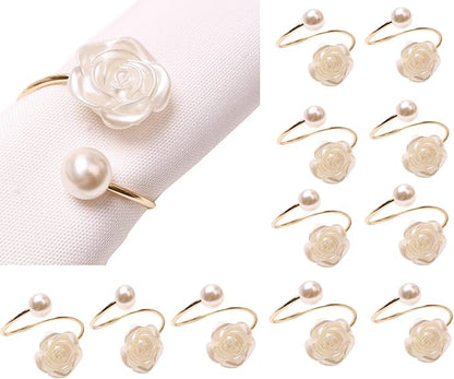 12Pcs Napkin Rings Pearl Napkin Holder Rose Napkin Buckles for Wedding Banquet Home Party Kitchen Decor Festival Dinning Table Decor