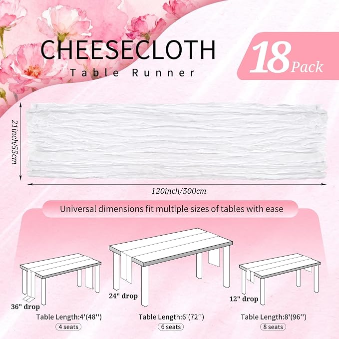 18 Pack Cheesecloth Table Runner 10FT White Table Runner Boho Gauze Cheese - Image 2