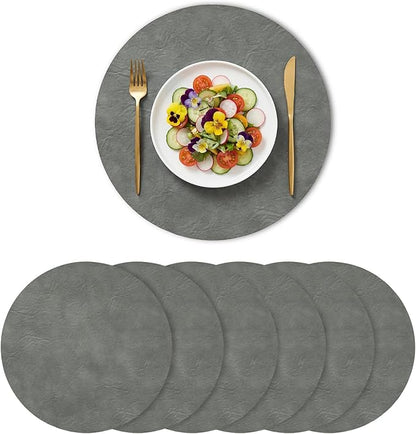 Artoid Mode Grey Faux Leather Placemats Set of 6, 15 Inch Waterproof Wipeable Heat Resistant Vinyl Place Mats, Reversible Table Mats for Winter Kitchen Dining Decor