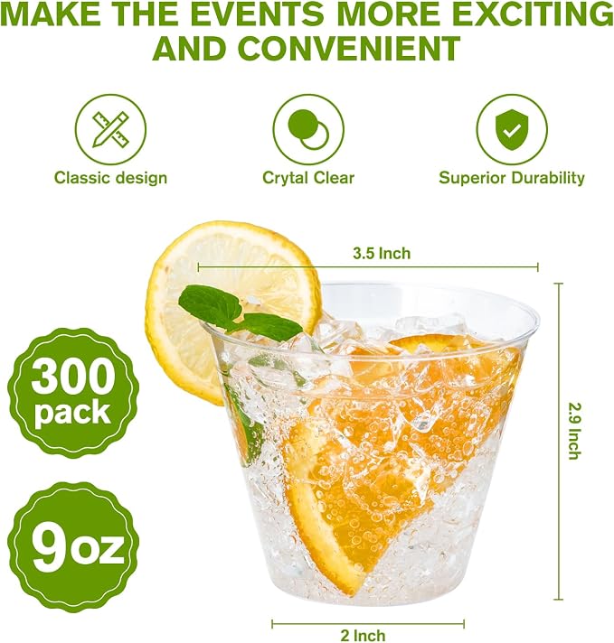 JollyPack 300 Pack Clear Plastic Cups 9 OZ Disposable Heavy-duty Drinking Cups - Image 2