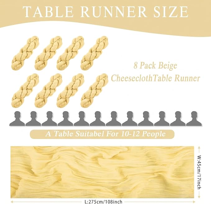 8 Pack Light Yellow Cheesecloth Table Runner 17x108 inch Rustic Gauze Table - Image 2