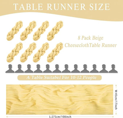 8 Pack Light Yellow Cheesecloth Table Runner 17x108 inch Rustic Gauze Table - Image 2
