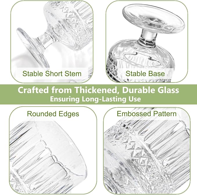 6 Pack Vintage Glass Goblets, 7.5 OZ Small Clear Wine Glasses, Retro Embossed - Image 4