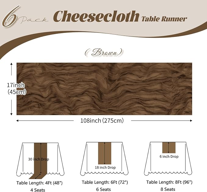 6 Pack Brown Cheesecloth Table Runner, 17 x 108 inch, Semi Sheer Boho Cheese - Image 3