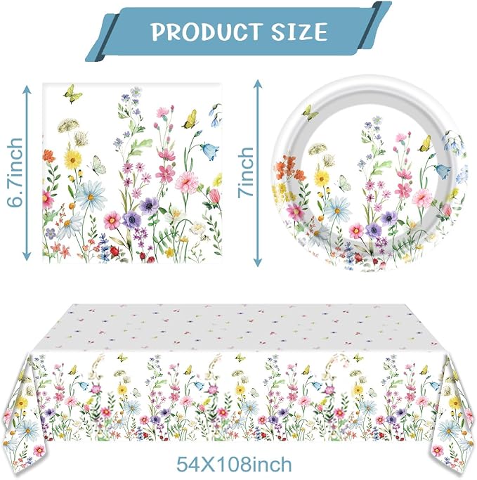 Wildflower Plates and Napkins Party Supplies, Floral Tablecloth | 24 Serves - Image 2