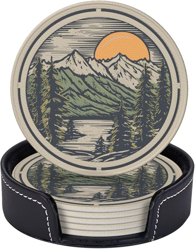 Mountain Sunset Leather Drinks Coasters by Unknown