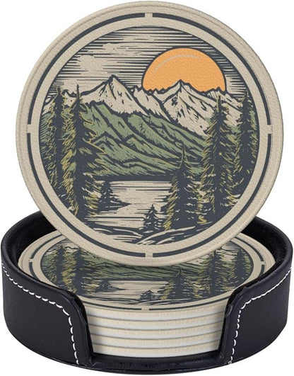 Mountain Sunset Leather Drinks Coasters by Unknown
