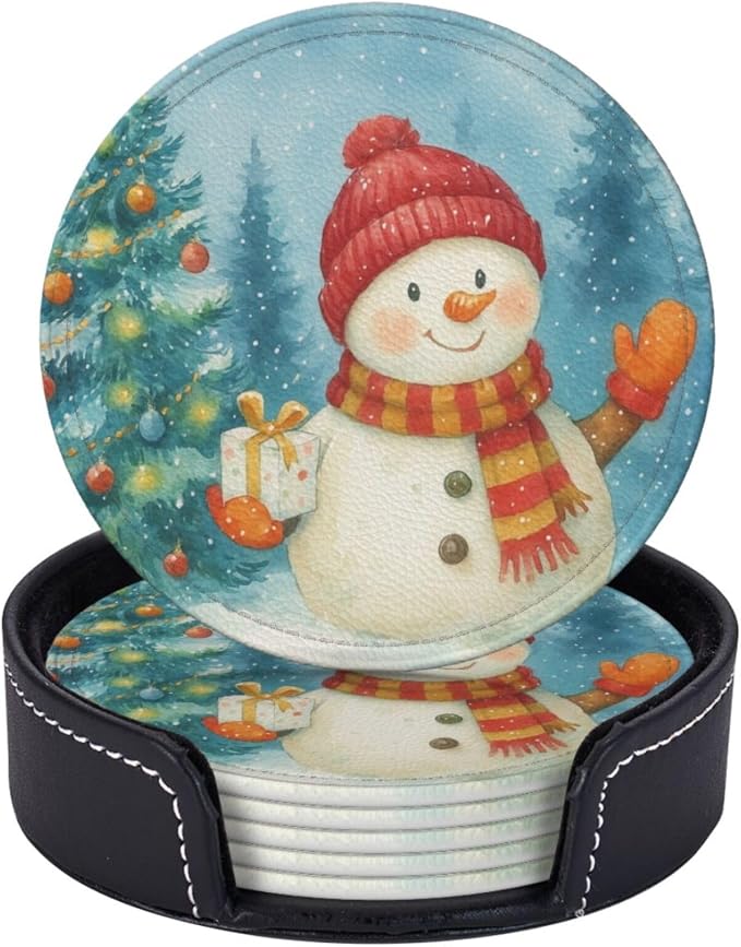 Winter Blue Green Snowman Christmas Tree Coasters by KiuLoam