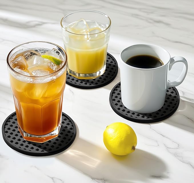 Coasters for Drinks, Silicone Coasters Set of 6 with Metal Holder, Outdoor Coaster for Coffee Table, Non-Slip Rubber Table Cup Mat Desk, Heat Resistant & Scratch-Proof (Black)