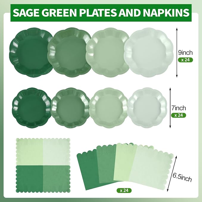 NatNarr Sage Green Plates And Napkins Set, 24 Guests, Scalloped | 24 Dinner - Image 2