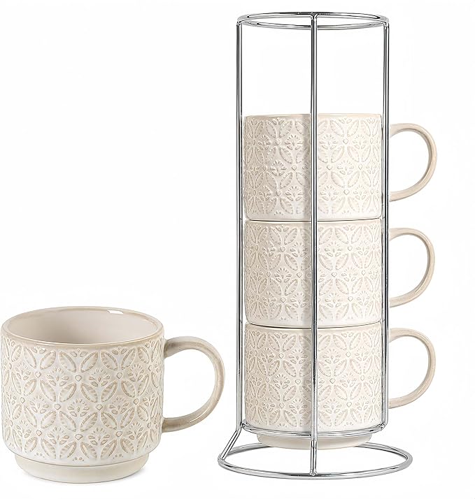 6 Oz Coffee Mugs with Stand, Stackable Ceramic Espresso Cups Set of 4, Embossed by Unknown
