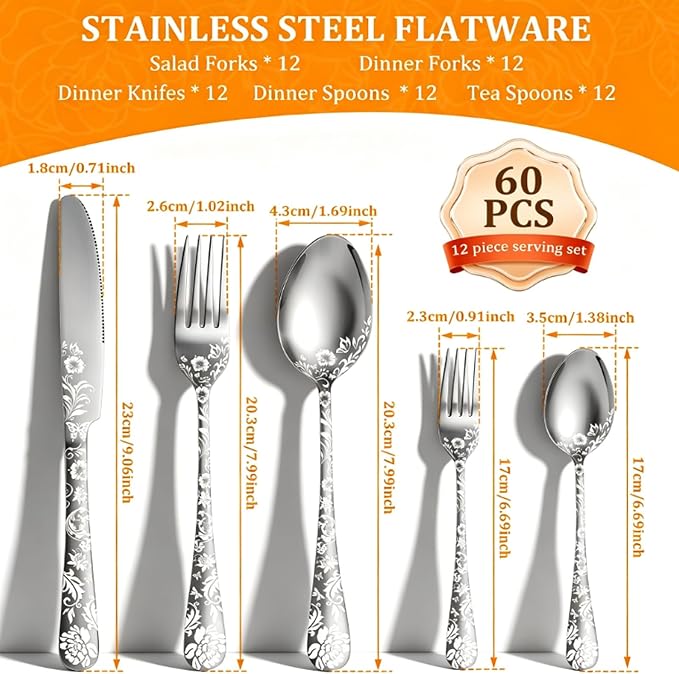 60 Piece Floral Silverware Set for 12 - Image 2
