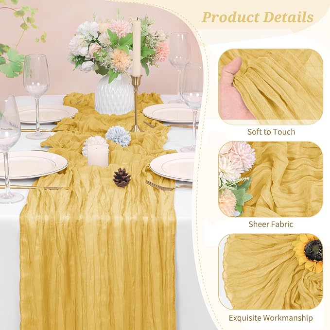 Pesonlook Cheesecloth Table Runner Gold, 10 Pack 17.7x108 inch, Long | Rustic - Image 3