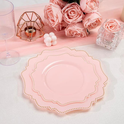 COLOSUS 60Pcs Disposable Plastic Plates Set, Gold Pink Party Plates, 30pcs Dinner Plates and 30pcs Salad/Dessert Plates for Wedding, Party, Anniversary, Daily Use,Valentine's Day