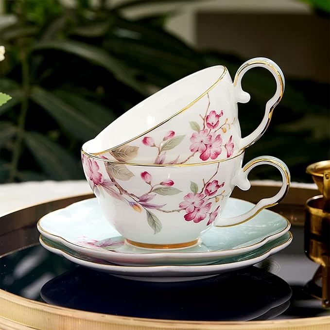 KAMMAK Tea Cups Set of 2, Ceramic Floral Pattern Demitasse Cup | Porcelain - Image 6