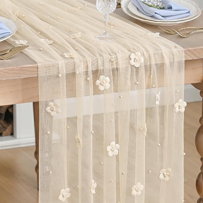 Artoid Mode Flower Pearl Peach Gauze Table Runner 10FT, Seasonal Sheer Dining by ArtoidMode