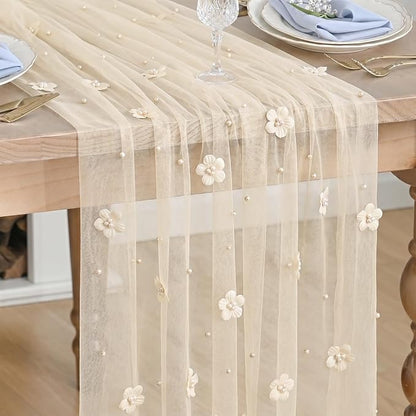 Artoid Mode Flower Pearl Peach Gauze Table Runner 10FT, Seasonal Sheer Dining by ArtoidMode