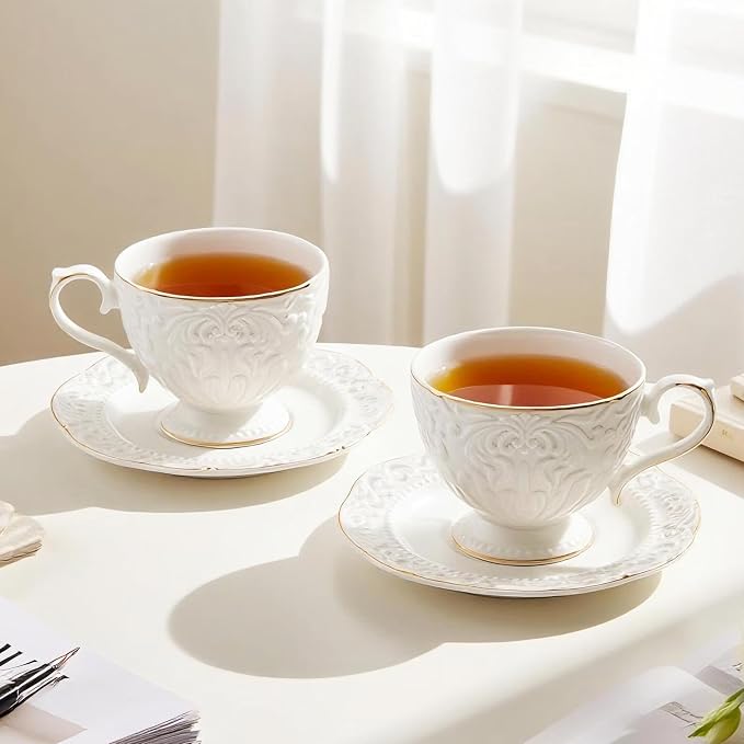 Cups and Saucers Tea Cups Set of 2, Ceramic Coffee Cups - Image 9