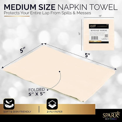 100 Pack Ivory Beverage Napkins, Big Party Pack, 2 Ply, Ideal for Wedding, Party, Birthday, Dinner, Lunch, Cocktails. (5” x 5”) by Amcrate