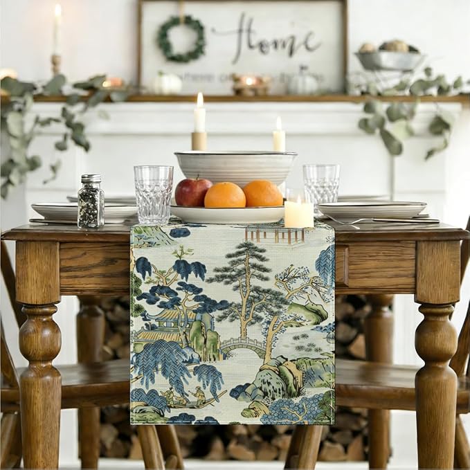 Chinoiserie Vintage Style Mountain Fall Table Runner, Japanese Table Runner | - Image 3