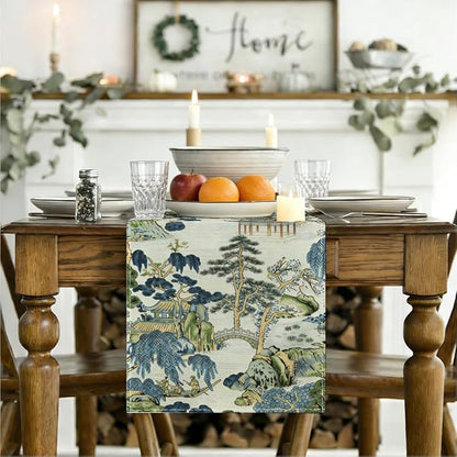Chinoiserie Vintage Style Mountain Fall Table Runner, Japanese Table Runner | - Image 3