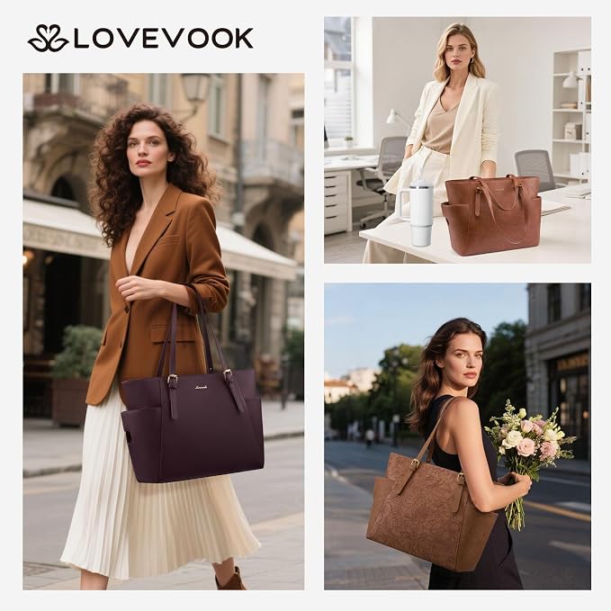 LOVEVOOK Laptop Tote Bag for Women, Leather Work Computer Briefcase Bag | Large - Image 2