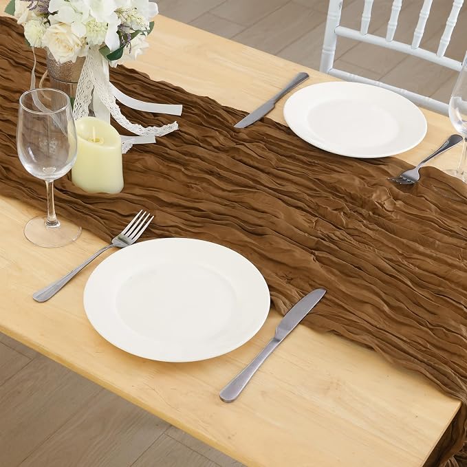 8 Pack Light Brown Cheesecloth Table Runner 120 Inch Boho Wedding Decor | - Image 7