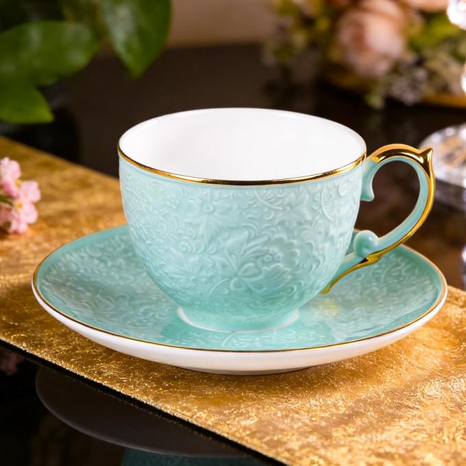 KAMMAK Tea Cups and Saucers Set of 2, Fine Bone China Coffee Cups, GH021 | - Image 4