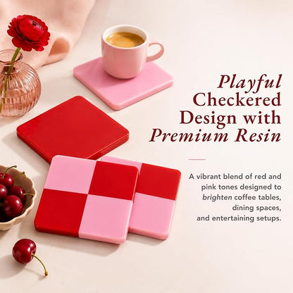 Folkulture Pink & Red Decorative Coasters Set of 4, Non Slip, 4 Inch | Coffee - Image 5