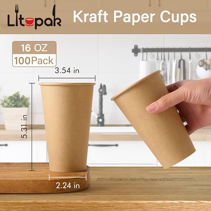 LITOPAK 100 Pack 16 oz Kraft Paper Coffee Cups, Disposable Coffee Cups | - Image 2