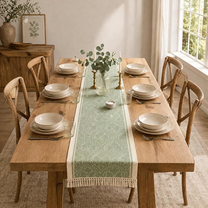 14x107 Botanical Table Runner Waterproof Floral Vine Boho Tassels | Planning a by UWWGKK