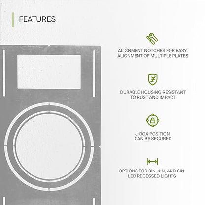ASD New Construction Mounting Plate with Symmetric Round Hole - 8-10-12" Flat Steel Rough-in Wafer Light Bracket, LED Recessed Lighting Housing, 6 Pack