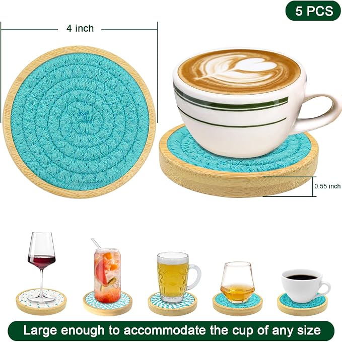 Eykao Bamboo Coasters for Drinks, Absorbent Coaster Sets of 5, Woven Drink - Image 6