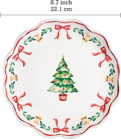 Bico Ribbon Christmas Scalloped Salad Plates Set of 4, 8.75 Inch Ceramic Dessert Plates for Salad, Appetizer, Side Dishes, Microwave and Dishwasher Safe, Gift for Housewarming and Christmas