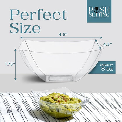 Posh Setting - Clear Plastic Serving Bowls for Party (8oz - 4 Pack) Square, Disposable, Salad & Fruit Bowls for Party Table, Candy Containers for Candy Buffet