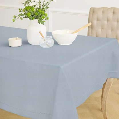Solino Home Dusty Blue Linen Tablecloth 60 x 90 Inch - 100% Pure Linen Hemstitch Table Cloth for Rectangle Tables - Classic Hemstitch, Machine Washable Tablecloth for Winter, Spring, Easter