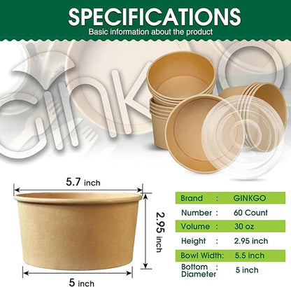 Ginkgo 30 oz Disposable Meal Prep Containers with Lids, Large Paper Bowls Bulk for Hot Soup, Food, Salad, Ice Cream, Dessert, Cereals, 60 Count
