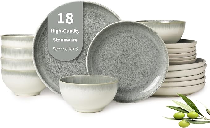 Ceramic Dinnerware Sets for 6, 18 Pieces Stoneware Plates and Bowls Sets by Pokini