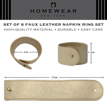 Luxury Leather Napkin Rings Set of 8, Gold, Morgan Faux Style, Modern Cuff Design for Wedding Party Decorations, Kitchen, Holiday Table,Rust Proof,Hotel, Home, Table Accessories, Dining
