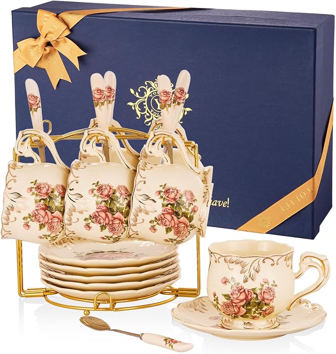 YOLIFE Tea Cups and Saucers Set of 6, 8 OZ Flowering Shrubs | Ivory Vintage by YOLIFE