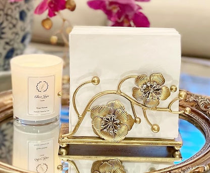 Gold Orchid Blooms Napkin Holder| Exquisite Orchid Flowers & Faux Crystals Design| Vertical Iron Metal Disposable Tissue Paper Towel Tabletop Dispenser Organizer| Bathroom Kitchen Hotel