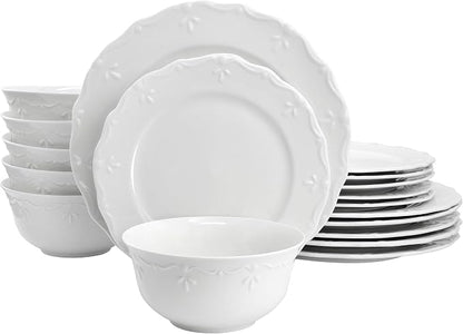 Elama Henryi 18 Piece Embossed Rim Detail Porcelain White Dinnerware Set by Elama