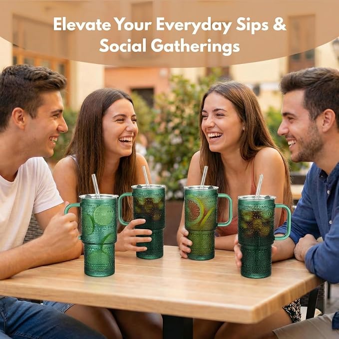 20 oz Green Glass Tumbler with Lid and Straw, Glass Iced Coffee Cups, - Image 6