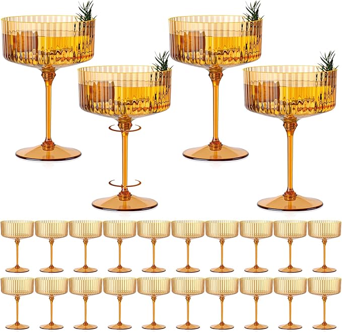 24 PCS Ribbed Coupe Glasses Amber Plastic Champagne Coupe Cup 10oz Detachable Gold Rim Espresso Martini Glass Vintage Margarita Glassware Cocktail Glass Disposable for Thanksgiving Wedding