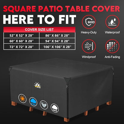 Zettum Patio Furniture Cover Square - 74 Inch Outdoor Table Cover Waterproof & Heavy Duty, 600D Lawn Furniture Set Covers for Outside Dining Table and Chairs Seating Combo - 74 x 74 x 28 Inch