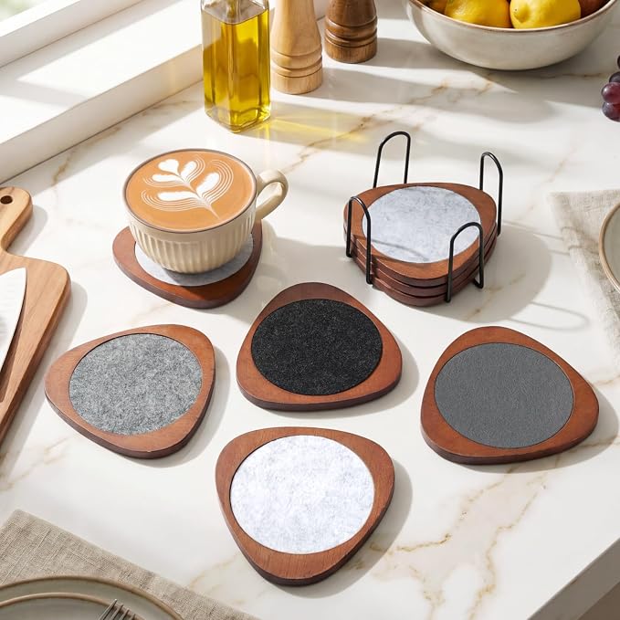 6 Pcs Mid Century Modern Coasters Wood Absorbent Coaster - Image 5