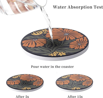 Coasters Absorbent Ceramic Coaster Drink Coasters with Cork Back Beautiful Artistic Flowers Set of 6 Round Coaster Non Slip for Coffee Table Wine Glass Home Bar 4 Inch, Colorful