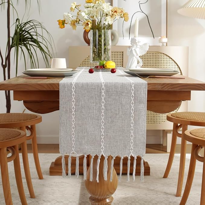Wracra Rustic Linen Table Runner, Light Grey Table Runners 36 inches Long | by Wracra
