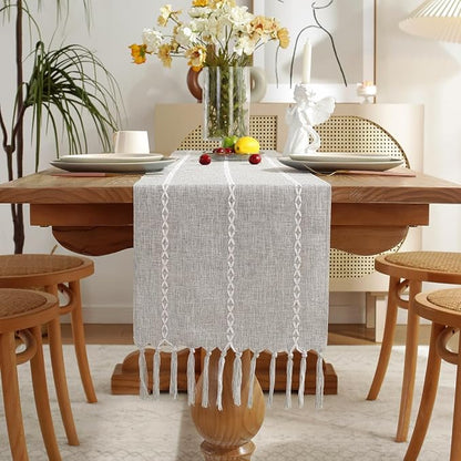 Wracra Rustic Linen Table Runner, Light Grey Table Runners 90 inches Long | by Wracra